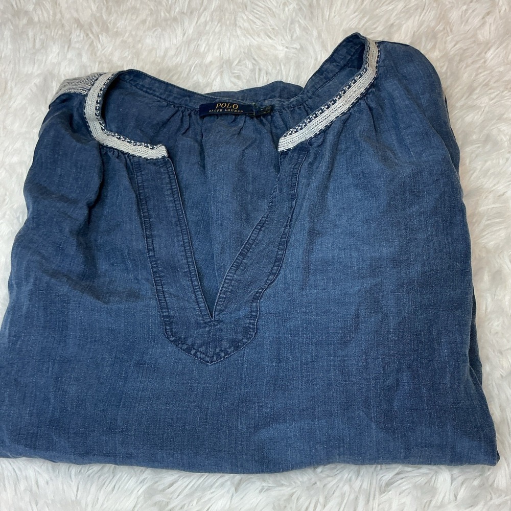 Polo Ralph Lauren Women Lg Boho Denim Style Pockets and embroidered Blouse